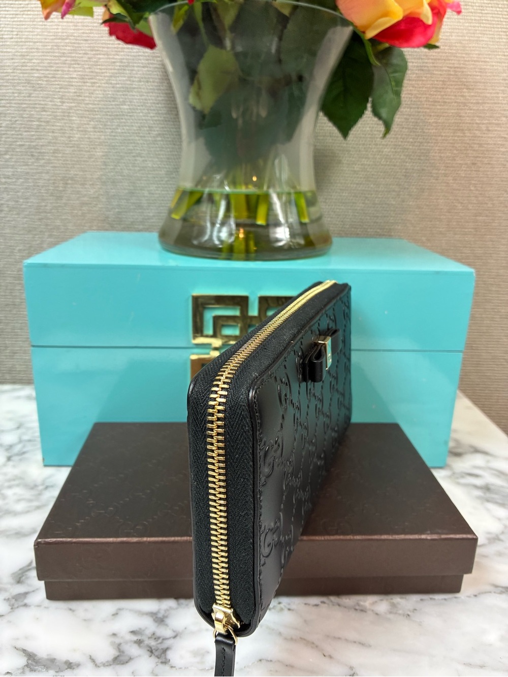 Gucci Black Nero Guccissima GG Zip Around Leather Wallet w/ Bow Accent - NWOT - Picture 5 of 13